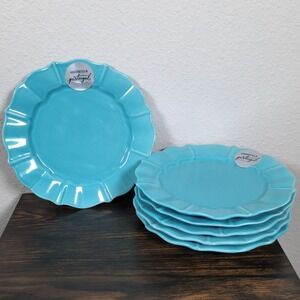 Set 6-Scallop Ruffled Ceramic Salad 8.25 in. Plates Made in Portugal Turquoise